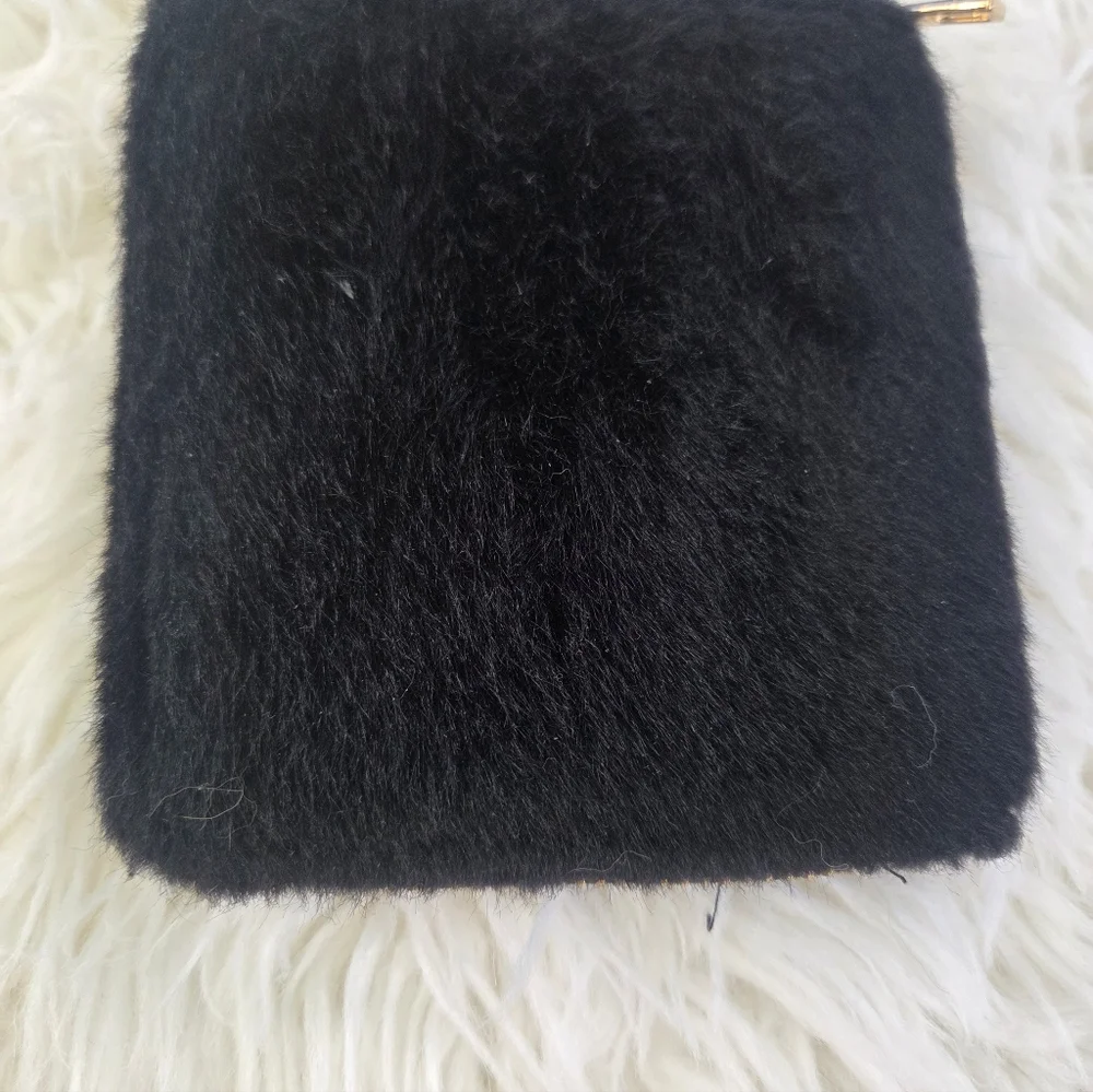 Claire's Black Gold Square Zip Around Elegant Faux Fur Wallet Clutch Purse